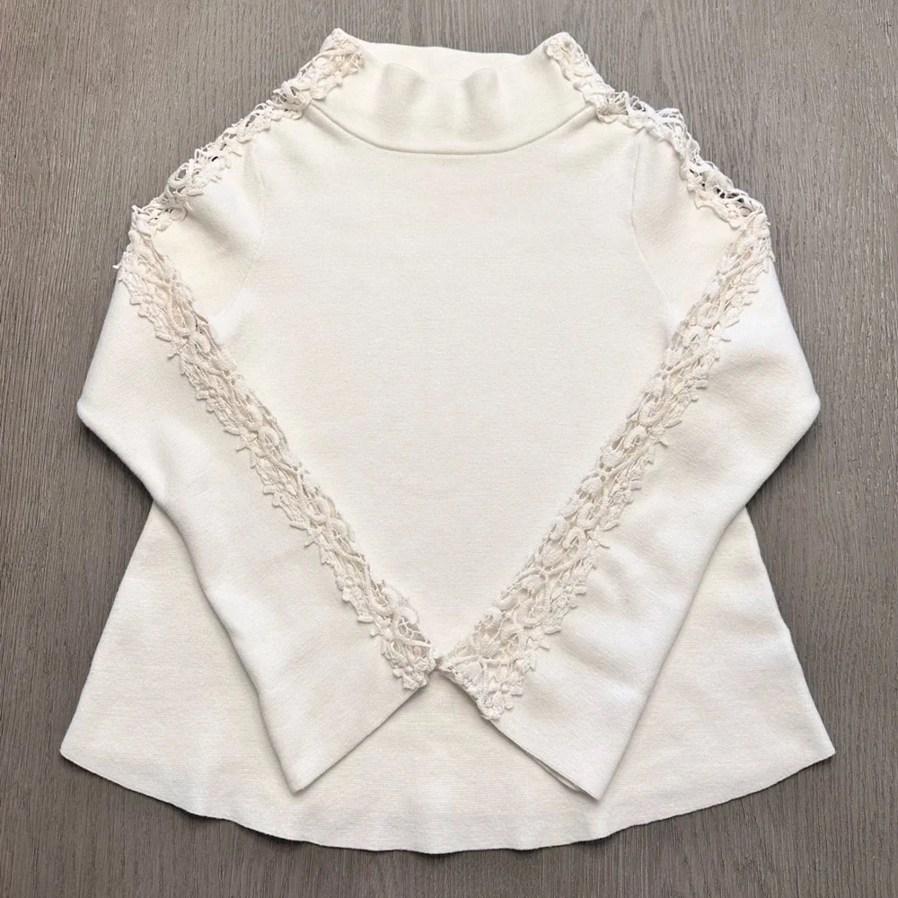 Anthropologie Ivory Cashmere Blend Funnel Neck Sweater w/ Lace Shoulders | M - Picture 2 of 7